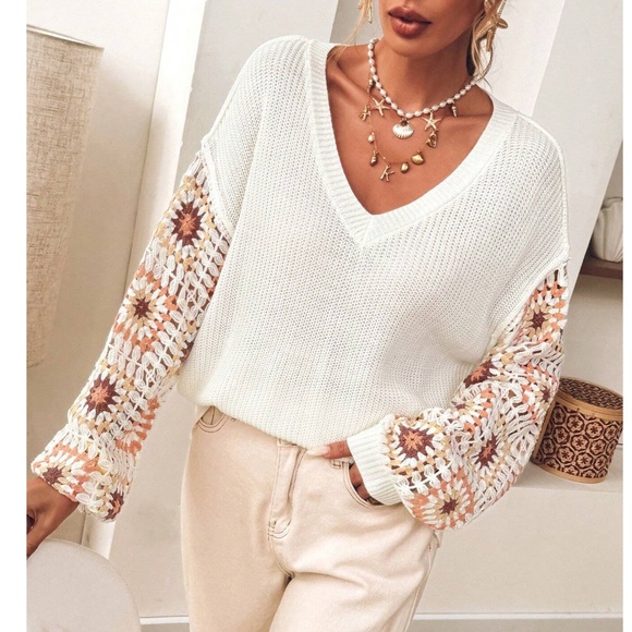 Cozy Floral Crochet V neck Oversized Sweater Top - Picture 3 of 12